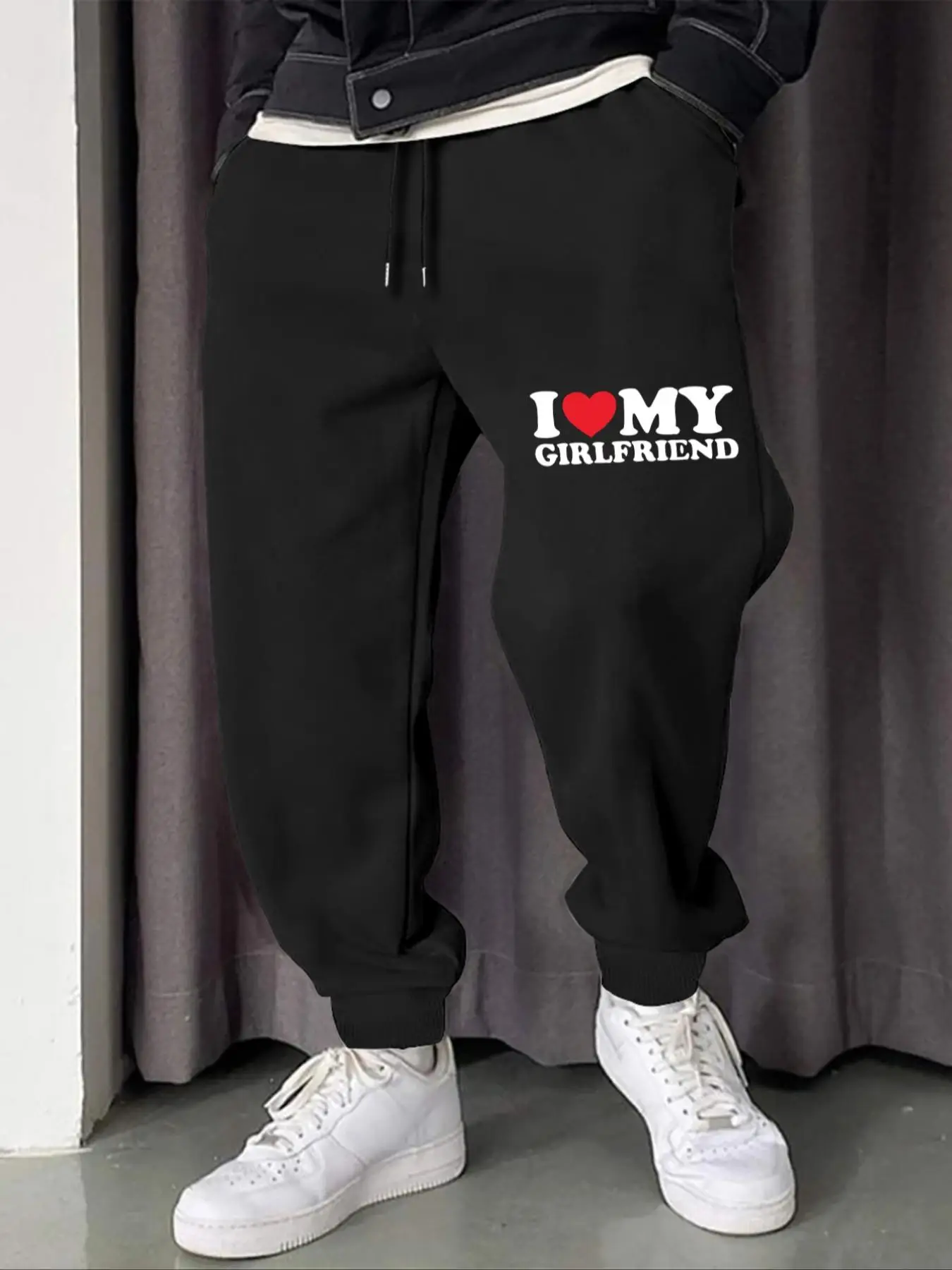 Men's "i Love My Girlfriend" Print Drawstring Sweatpants, Regular Fit Soft Casual "i Love My Gf" Print Pocket Back To School Pants, Pants for Men, Fun