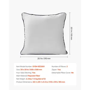 VEVOR 20x 20 in Throw Pillow Inserts, Set of 2, Firm and Fluffy Decorative Down Alternative Pillows with Polyester Fiber, Square White Cushion with Zipper, for Indoor Bed Couch Sofa and Living Room