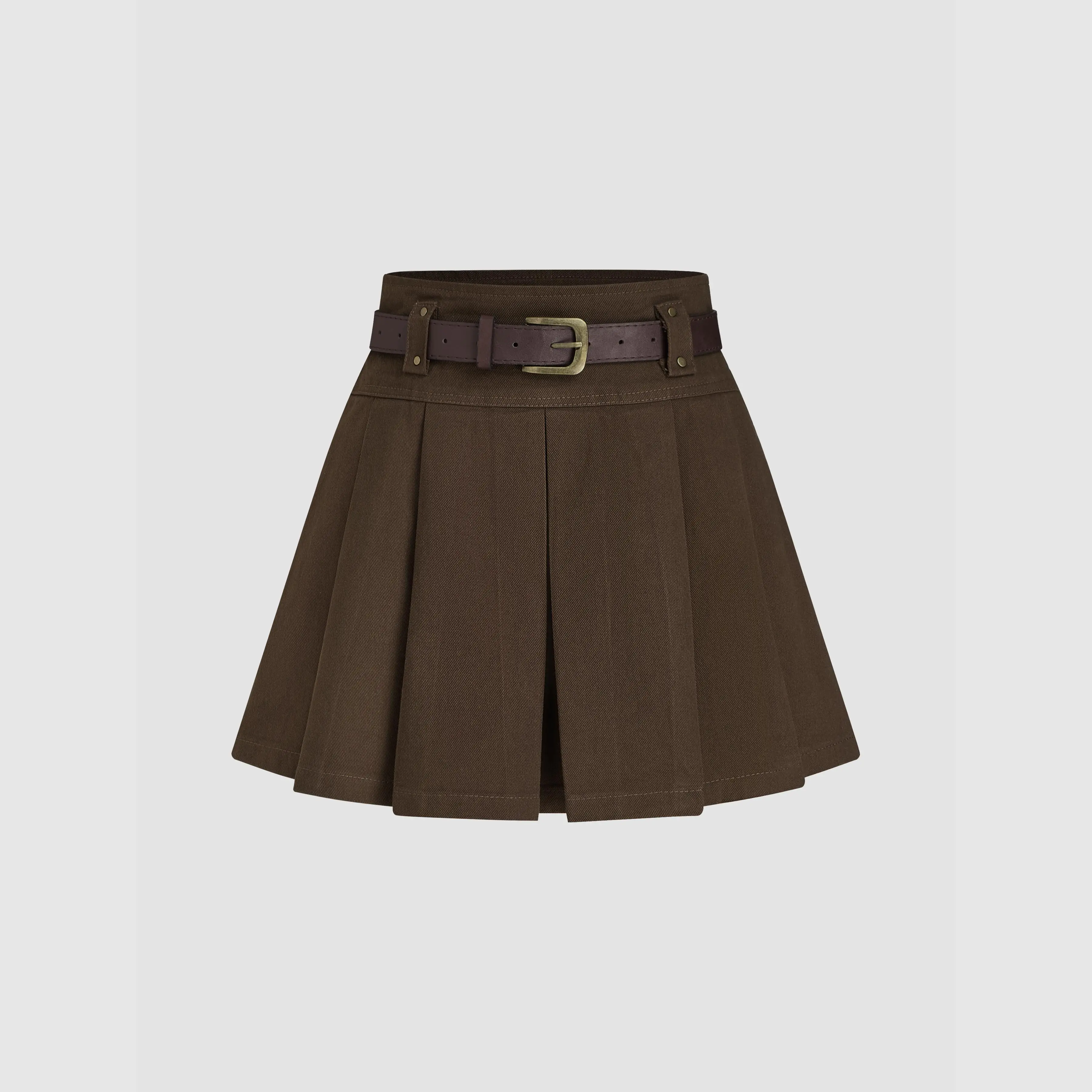 Cider Mid Waist Solid Pleated Skort with Belt