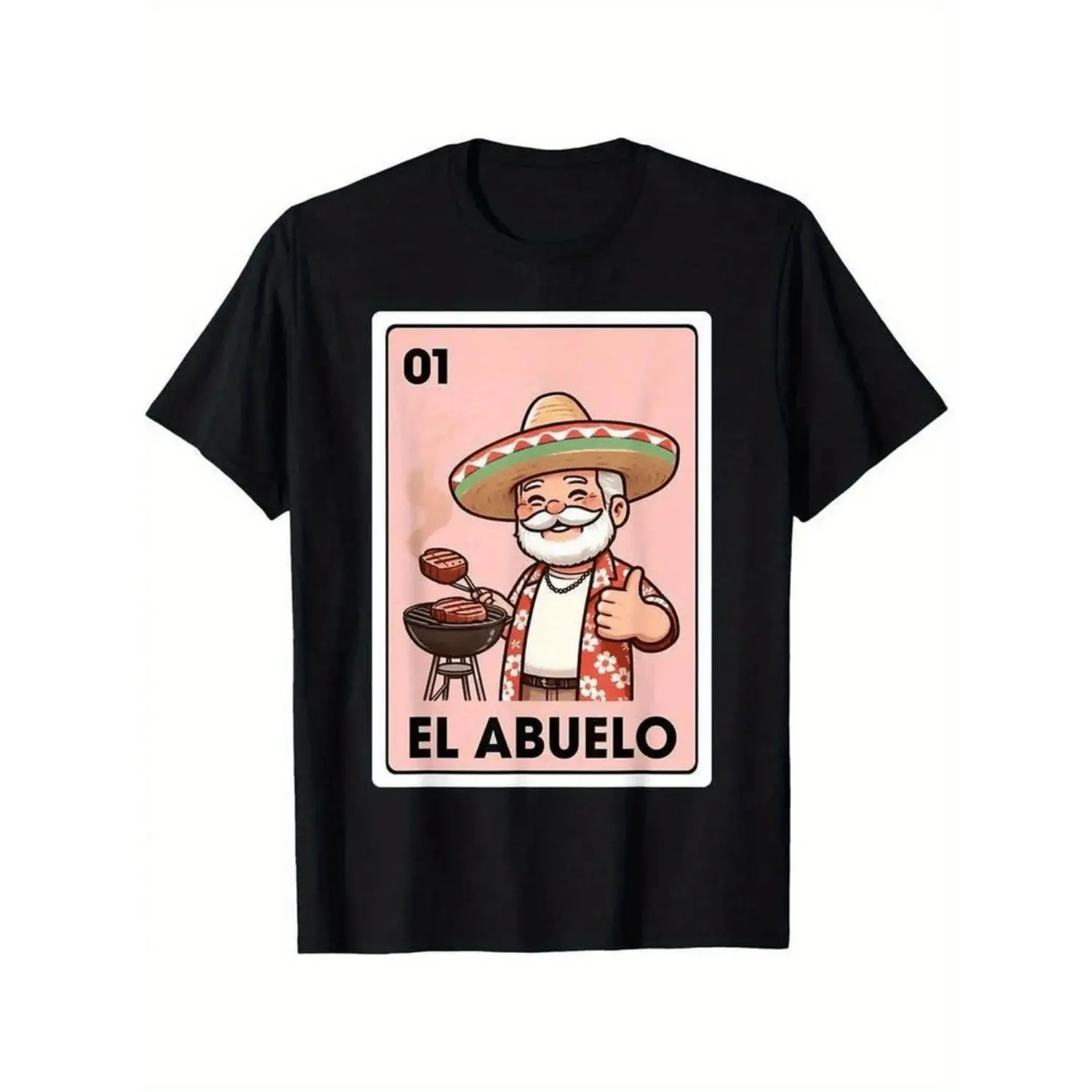 Men's & Women's Vintage Mexican Bingo Card Graphic T-Shirt - El Abuelo Grilling Grandpa Design with Number 1 & Bingo Bongo Lettering - Soft Cotton Short Sleeve Round Neck Casual Tee for Themed Parties, Bingo Nights & Casual Attire