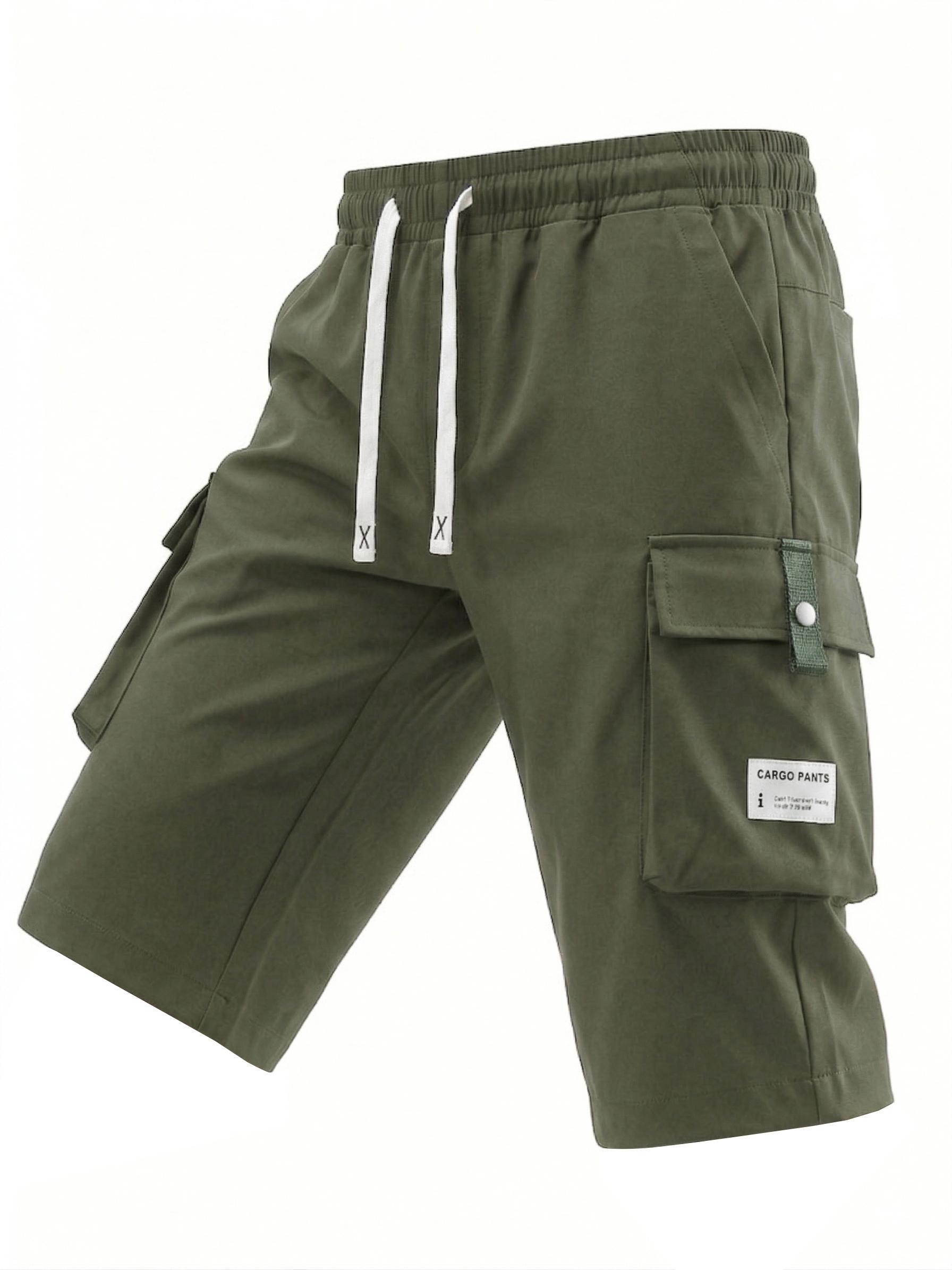 Men's Summer Casual Cargo Shorts - Elastic Drawstring Waist, Multiple Pockets & Letter Patch Design, Regular Fit Mid-Rise Non-Stretch Fabric for Daily Wear & Leisure Activities, Nontransparent Fabric