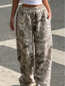 Women's Vintage Leaf Print High-Waisted Wide-Leg Pants, Bohemian Trousers, Elastic Waist Loose Fit Casual Fall & Winter Fashion, Comfortable Daily Wear