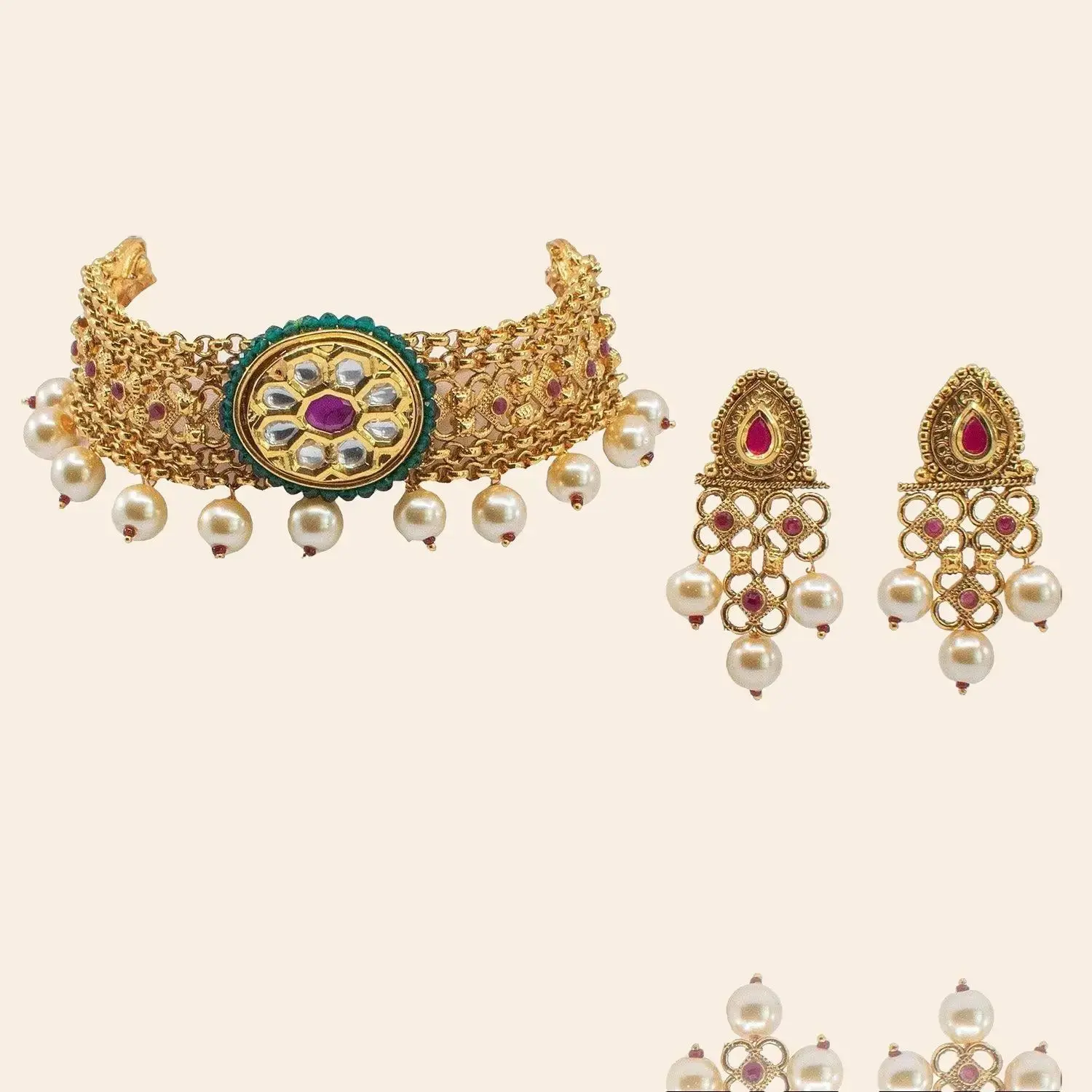 Jewel Rani Maha Set: Vintage Charm Choker Necklace and Earrings with Ruby, Emerald Stones and Moti Finishing