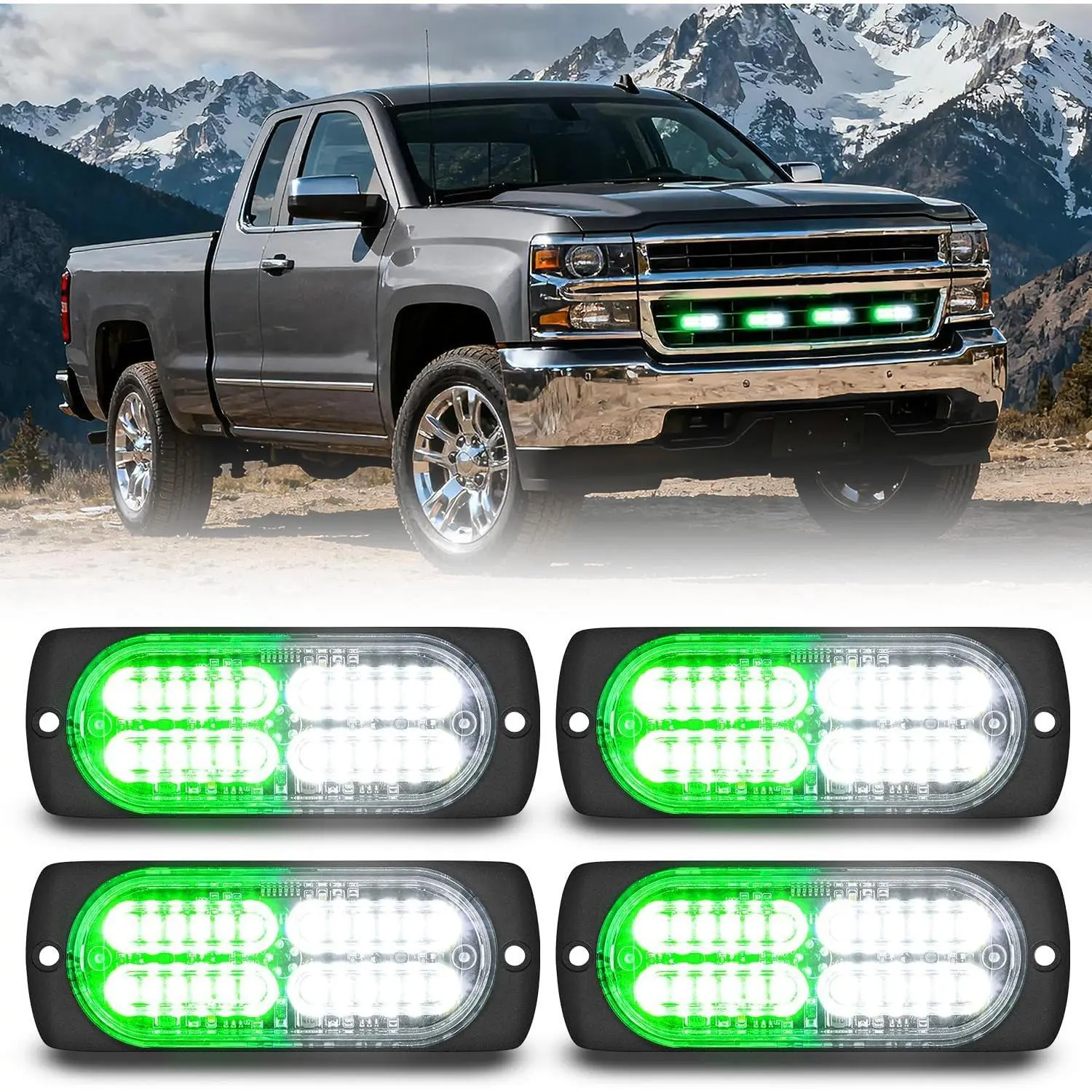 Nilight 4PCS 24LED Strobe Light Kit - 12V-24V Aluminum Green White Surface Mount Grille Side Flasher, Sync Mode, Last Pattern Recall for Work Vehicles