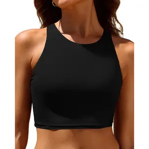 Yonique Women Bikini Top Only Crop Swim Top Longline Swimsuit Tops High Neck Bathing Suit Top