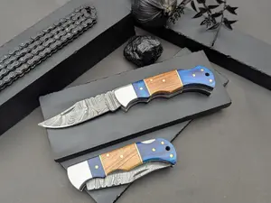 Damascus Steel Folding Pocket Knife - Orange Wood Handle, 7" with leather Sheath For Hunting & Camping