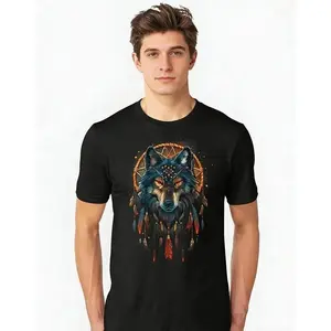 Wolf Native American Indian Feathers & Wolf Graphic T-Shirt , Unisex Adult Short Sleeve Round Neck Casual Tee for Men & Women, All-Season Fit, Festival & Casual Attire，Black
