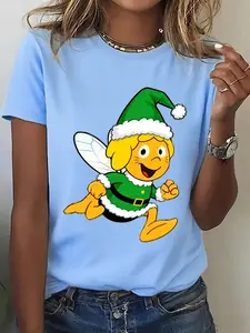 1pc Christmas Themed Women's New Winter Base Layer T-Shirt—Christmas Elf with Hat Print Pattern, Suitable for Sports, Fitness, Running, Fashionable, , Fun, Comfortable, Soft, and Breathable Sweatshirt, Christmas Party Short Sleeve, Christmas T-Shirt