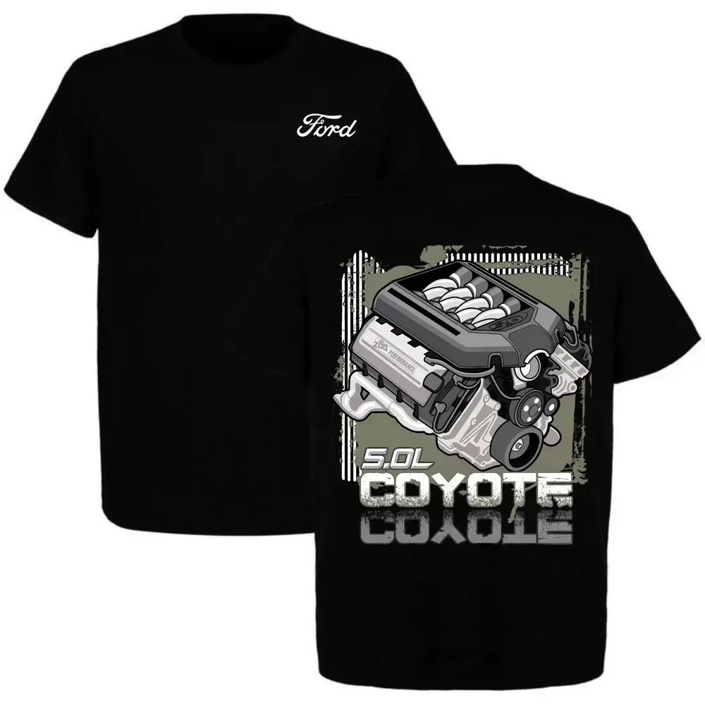 Classic Streetwear Round Neck T-Shirt with 5.0L V8 Engine Graphic for Car Enthusiasts, 100% Breathable Cotton with Relaxed Drape, Shortsleeve, Tops, Unisex, Cold Wash, High Detail, Tshirt