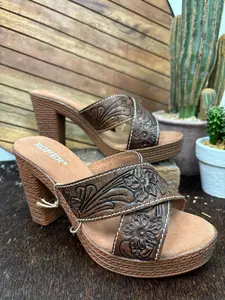 Roper Women's Cognac Tooled Leather Open Toe Sandal 0946-3211