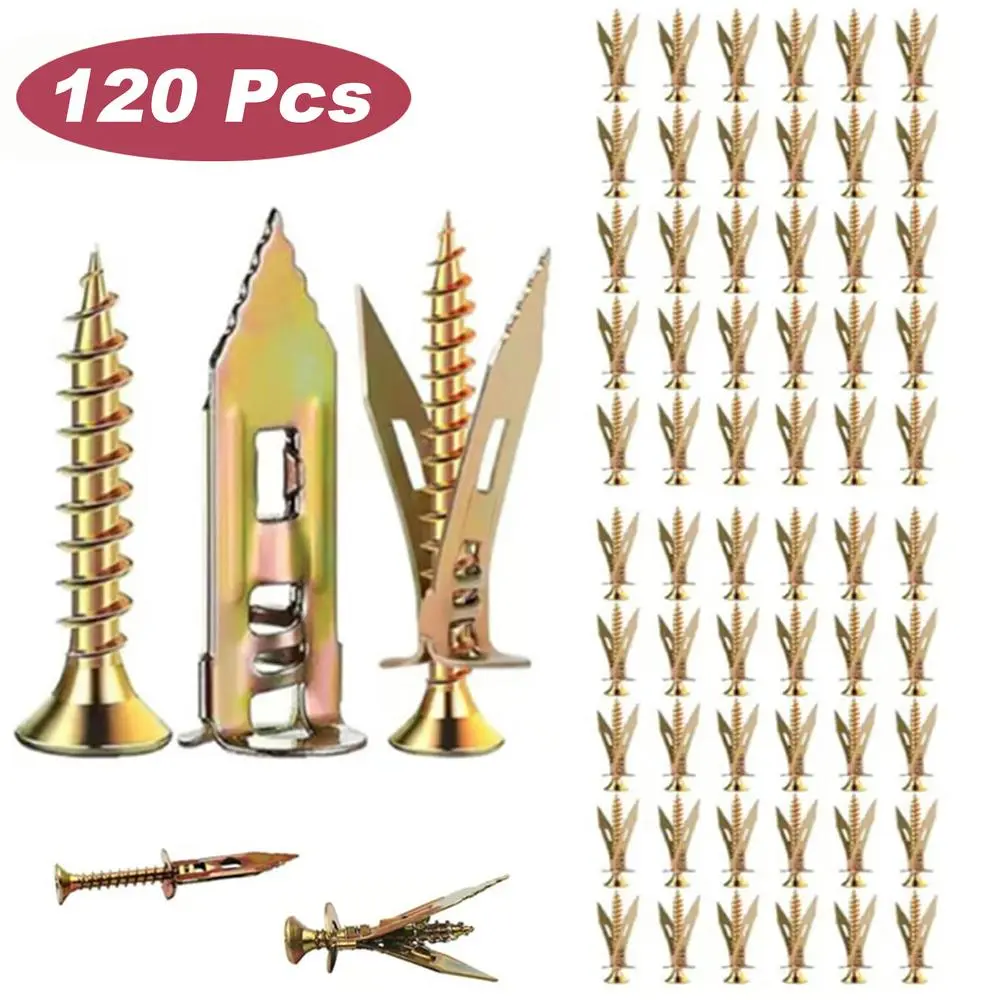 Heavy Duty Zinc Plated Steel No Drill Drywall Anchors and Screws Self Drilling Self Tapping Hardware for TV Mounts, Bike Hooks, Wall Shelves, Bathroom Mirror Home Fixing Accessories 120 Pcs