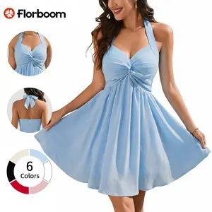 Florboom Women's Halter Backless Mini Dress, Sweetheart Neck Twist Front, Smocked Back, Flowy A-Line Cut, Double-Layered Lined, Perfect for Party, Beach, Vacation, Casual