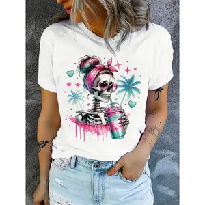 Women's Halloween Polyester Short-Sleeve T-Shirt, Smooth Breathable Fabric, Coconut Tree Skull Print Round Neck, Casual Holiday Costume Top (Sports & Outdoor Clothing), Shortsleeve