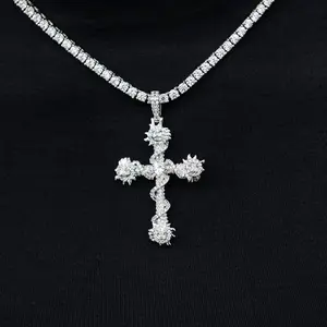 GLD Crystal Iced Spiked Cross Pendant | 14k White Gold Plated Hand-Set Stones Lifetime Guarantee