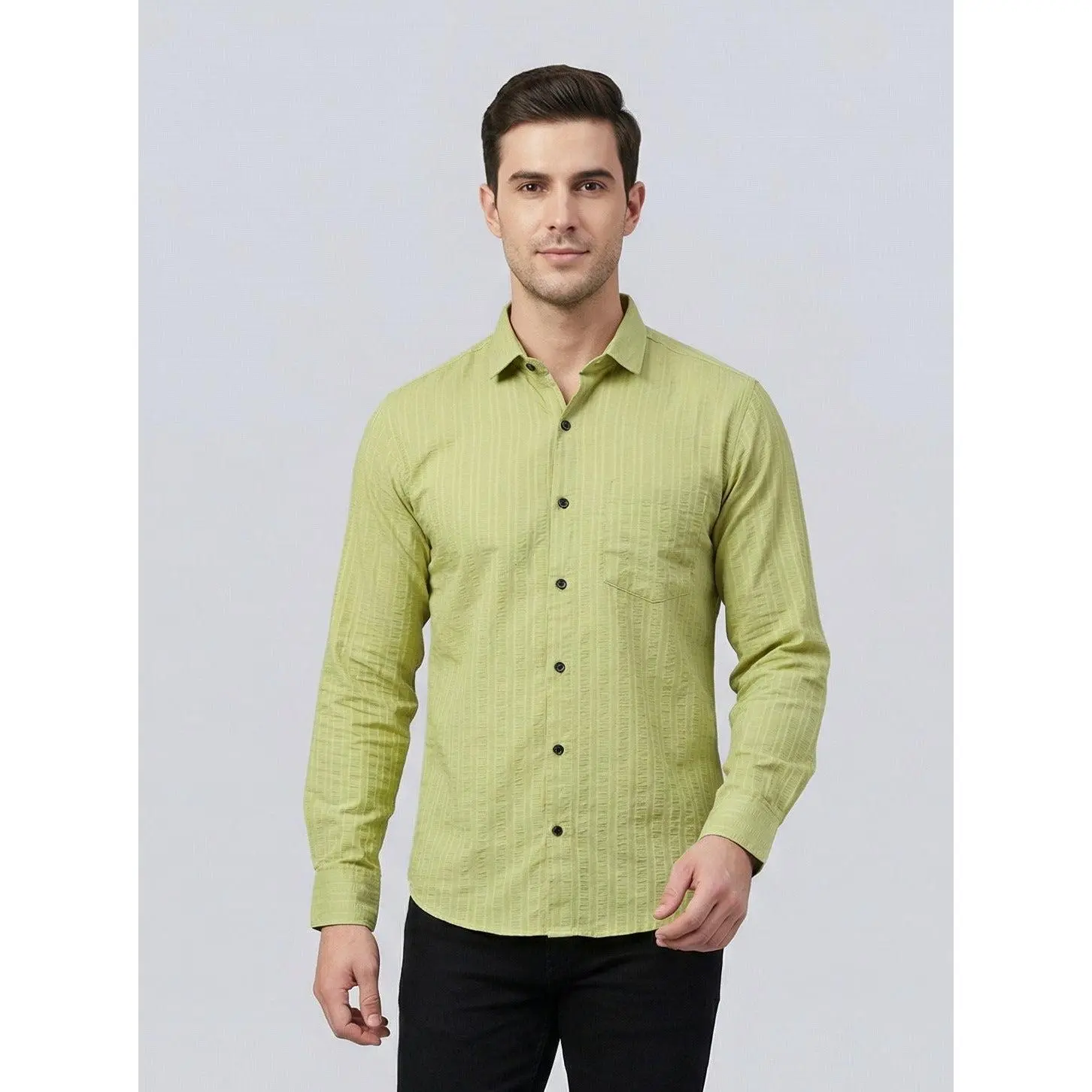 Men's Lime Green Textured Long Sleeve Button Down Casual Shirt