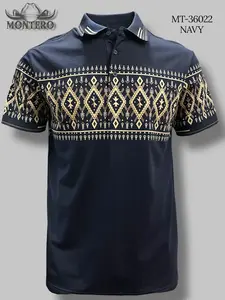 Montero Western Polo Shirt MT-36022 Navy with Geometric Pattern and Short Sleeves