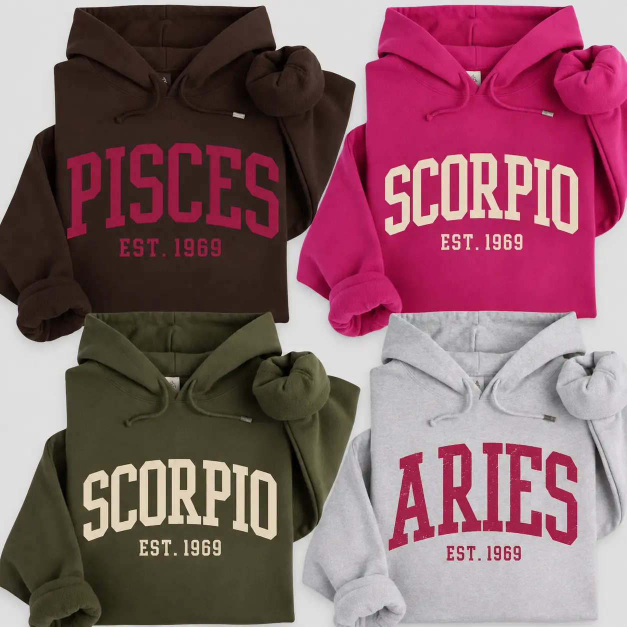 Women's Custom EST Year/Vintage Zodiac Sign Hoodie - EST 1969, Pisces Scorpio Aries Astrology Pullover, College Style, Birthday Gift - Philip82 Store Sweatshirt Top Womenswear Casual
