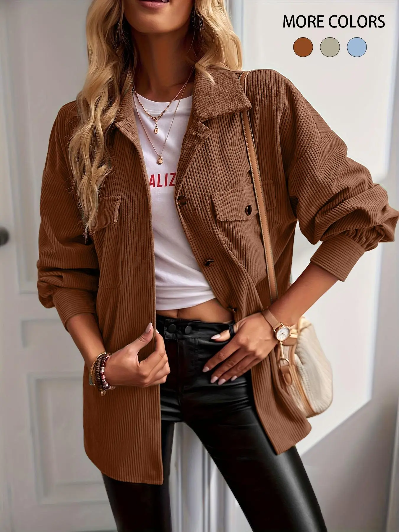 Women's Solid Button Front Closure Collared Long Sleeve Corduroy Fit Jacket, Casual Drop Shoulder Outerwear, Casual Fashion Outerwear for Fall & Winter, Ladies Clothes for Daily Wear, Downtown Girl Clothes