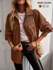 Women's Solid Button Front Long Sleeve Corduroy Jacket, Casual Drop Shoulder Outerwear for Fall & Winter, Ladies Clothes for Daily Wear, Downtown Girl Clothes, Coats