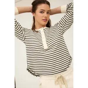 STRIPE HENLEY SNAP BUTTON LONG SLEEVE KNIT TOP
