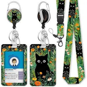 Black cat flower lanyard for ID badges, heavy-duty retractable keychain for ID badges, cute badge reel with 360-degree rotating carabiner clip, suitable for women and students' daily use in the office, ideal for office and school, unisex keychain