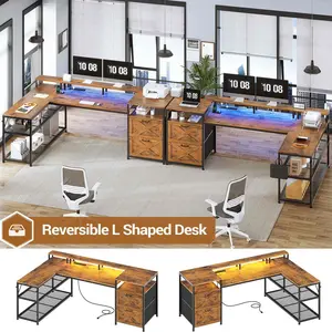 SEDETA 67" L Shaped Desk with Drawers, Computer Office Desk with Storage Shelves & Power Outlet, Reversible Gaming Desk with LED Lights for Home Office