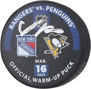 Adam Fox New York Rangers Autographed Practice-Used Puck Used During Warmups vs. Pittsburgh Penguins on March 16, 2023 - Fanatics Authentic Certified