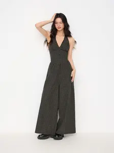 Cider Cotton Halter Neckline Plaid Lettuce Trim Shirred Wide Leg Jumpsuit