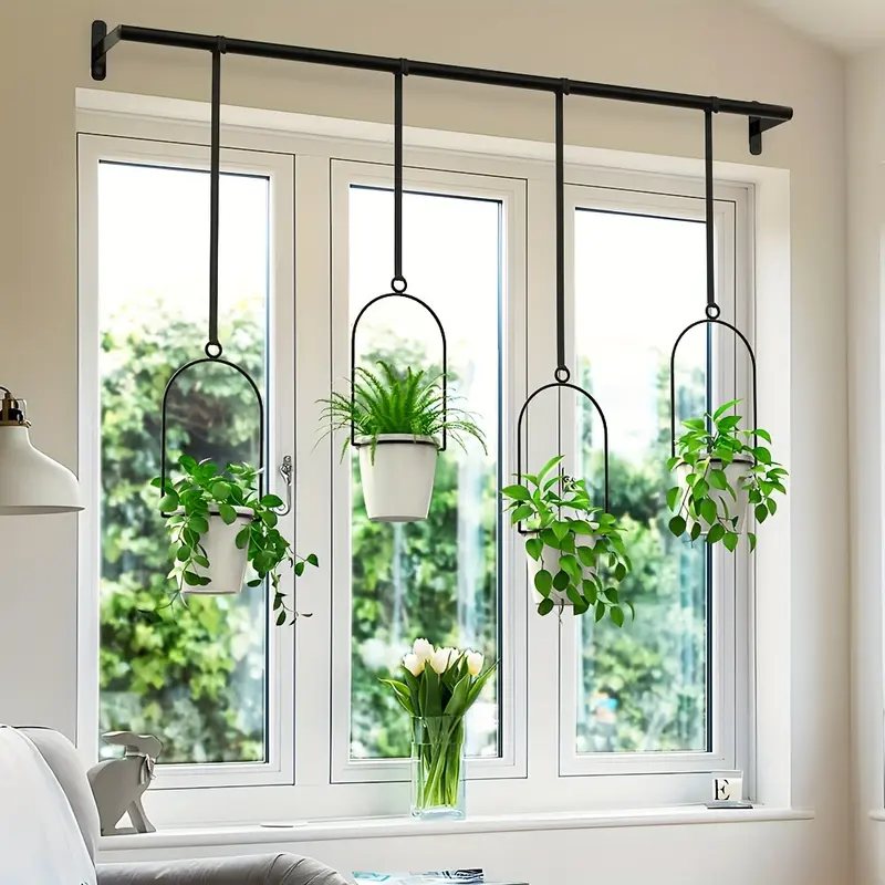 1set Metal Adjustable Hanging Planters for Indoor Plants, Floating Plant Hangers, with 4 Plastic Pots, Rail for Indoor Window & Ceiling Herb Garden, Wall Plant Hanger with Nylon Cords, Black