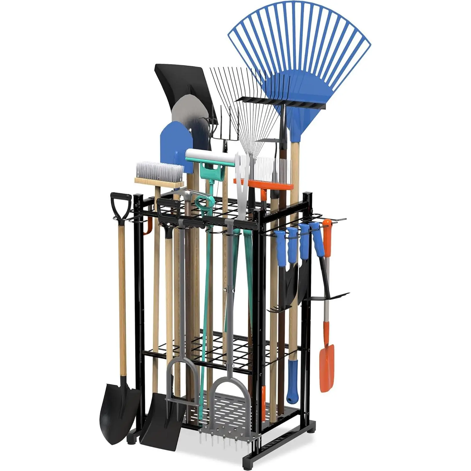 Garden Tool Organizer Rack Up to 50 Tools, Heavy-Duty Steel Yard Tool Organizer for Garage Storage with Hooks, Broom Holder & Garden Tool Rack for Shed, Patio, Outdoor Use, Black