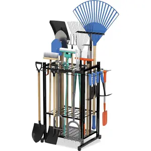 Garden Tool Organizer Rack Up to 50 Tools, Heavy-Duty Steel Yard Tool Organizer for Garage Storage with Hooks, Broom Holder & Garden Tool Rack for Shed, Patio, Outdoor Use, Black