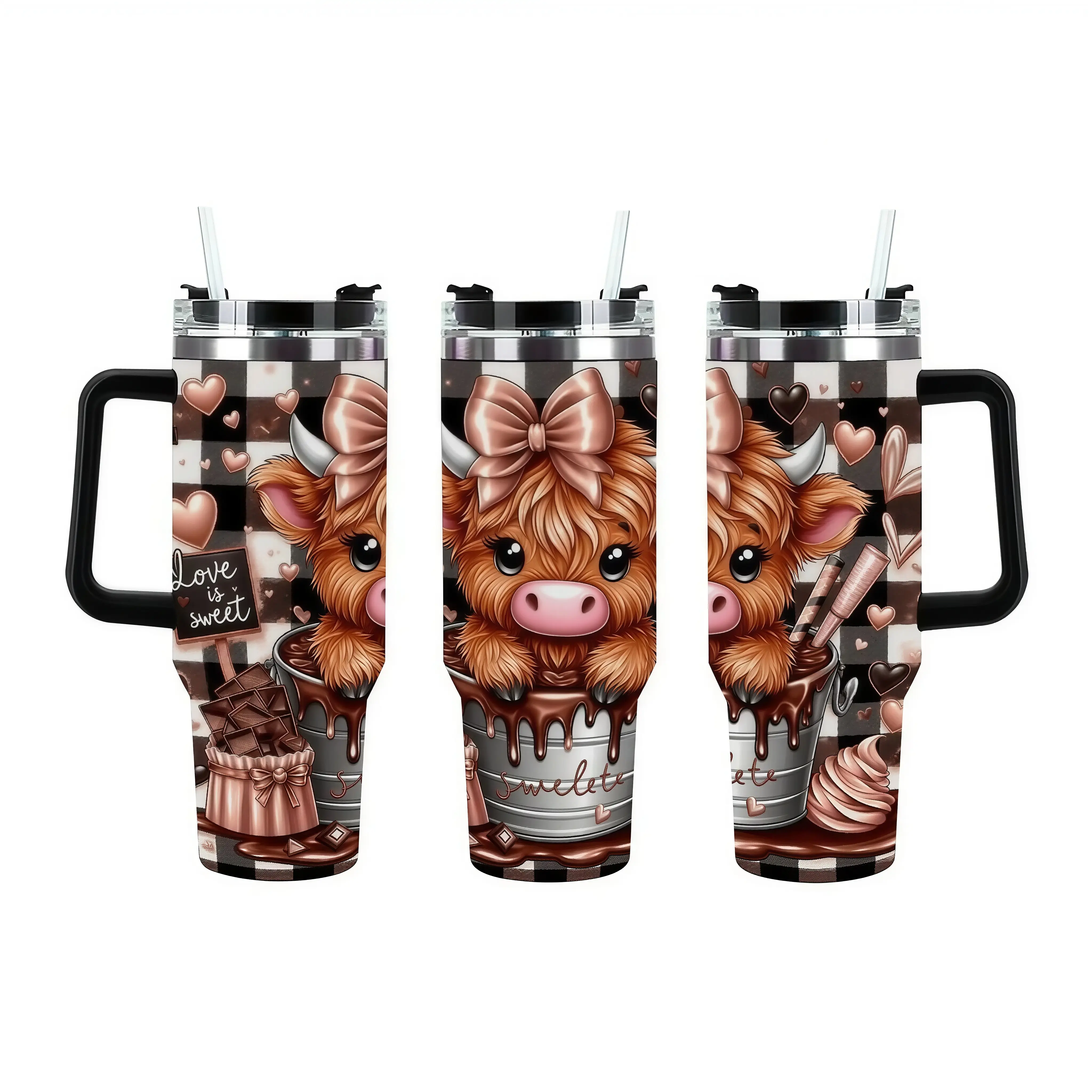 40oz Highland Cow Stainless Steel Tumbler - Cute Brown Heifer with Bow & Chocolate Design, Handle & Straw, "Love is Sweet" Themed Insulated Water Bottle, Gift for Cow Lovers, Water Bottles