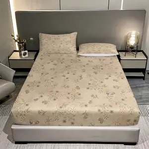 Three-piece Khaki-colored floral patterns printed fitted sheet set (1 fitted sheet + 2 pillowcases, pillow cores not included), suitable for bedrooms or guest rooms, printed fitted sheets for home and dormitories, Bed Sheet Sets