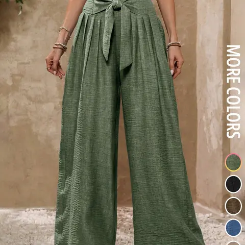 Stylish Women's Loose-Fitting High Waist Wide Leg Pants with Bow, Elegant All Seasons Casual Trousers for Office & Daily Wear