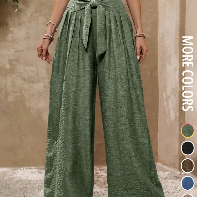 Stylish Women's Loose-Fitting High Waist Wide Leg Pants with Bow, Elegant All Seasons Casual Trousers for Office & Daily Wear