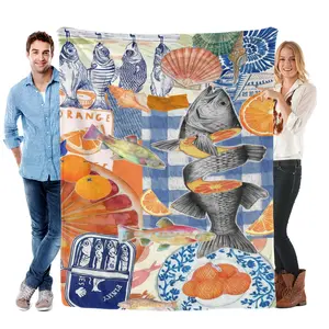 Coastal Fish & Orange Collage Blanket | Your New Summer Breeze Throw  Seaside Vibes Sardine & Citrus Blanket | Nautical Watercolor Throw Fish & Orange Slice Cozy Blanket | Whimsical Ocean Kitchen Art
