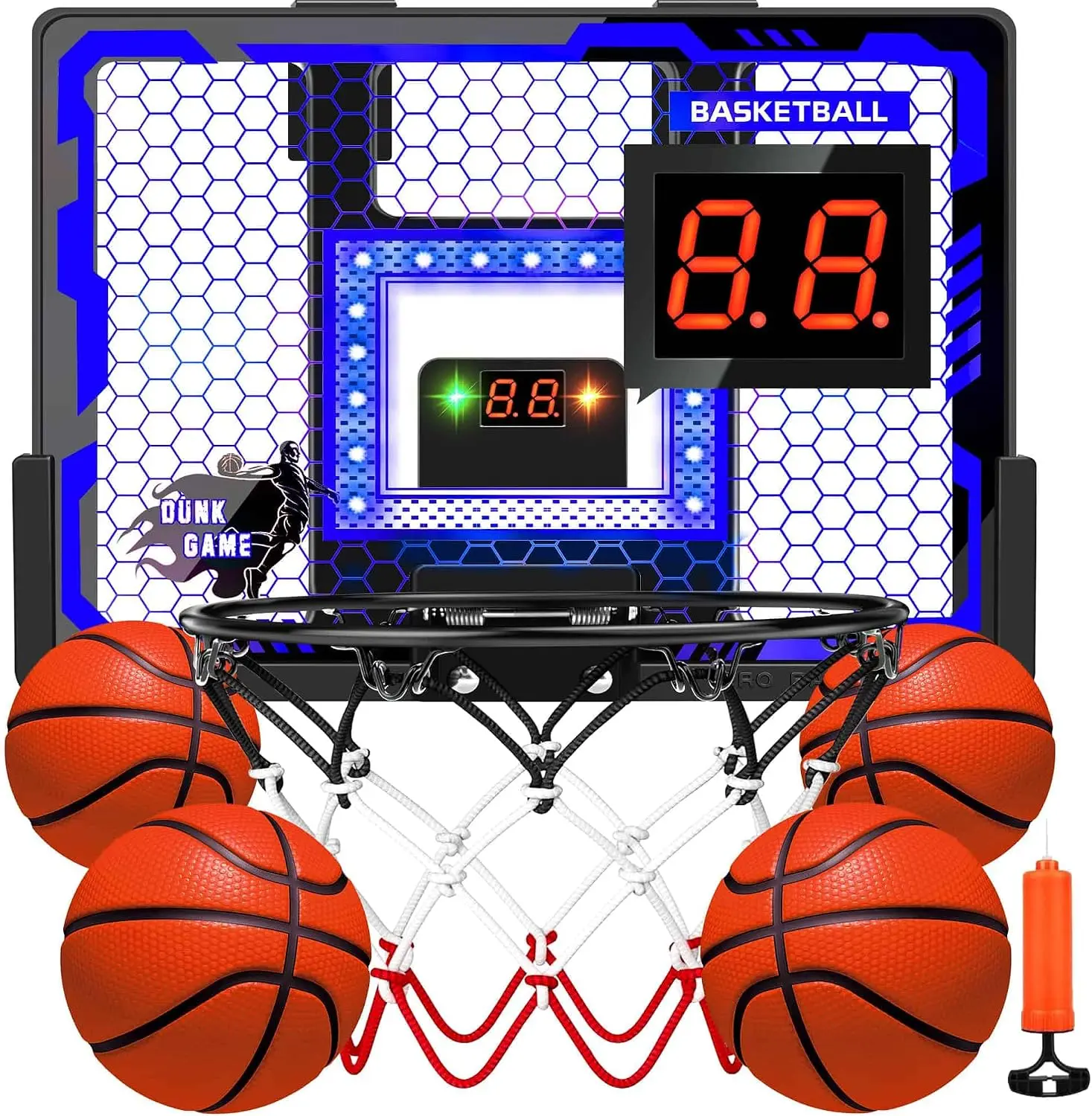 Indoor Pro Basketball Hoop for Kids, Over-The-Door Hoop with LED Light, Scoreboard, 4 Balls - Upgraded Anti-Impact Backboard, Sports Toy Gift for 6-12 Year Old Boys