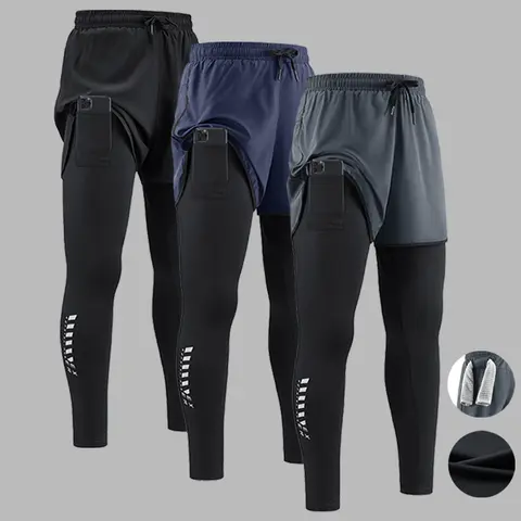 Men's 2-in-1 Slim-Fitting Quick Dry Breathable Compression Running Pants - Elastic Waist, Built-in Phone Pocket, Towel Strap, Reflective Strip, Plain Design, All Seasons, Machine Washable - Male Gym/Outdoor Athletic Tights