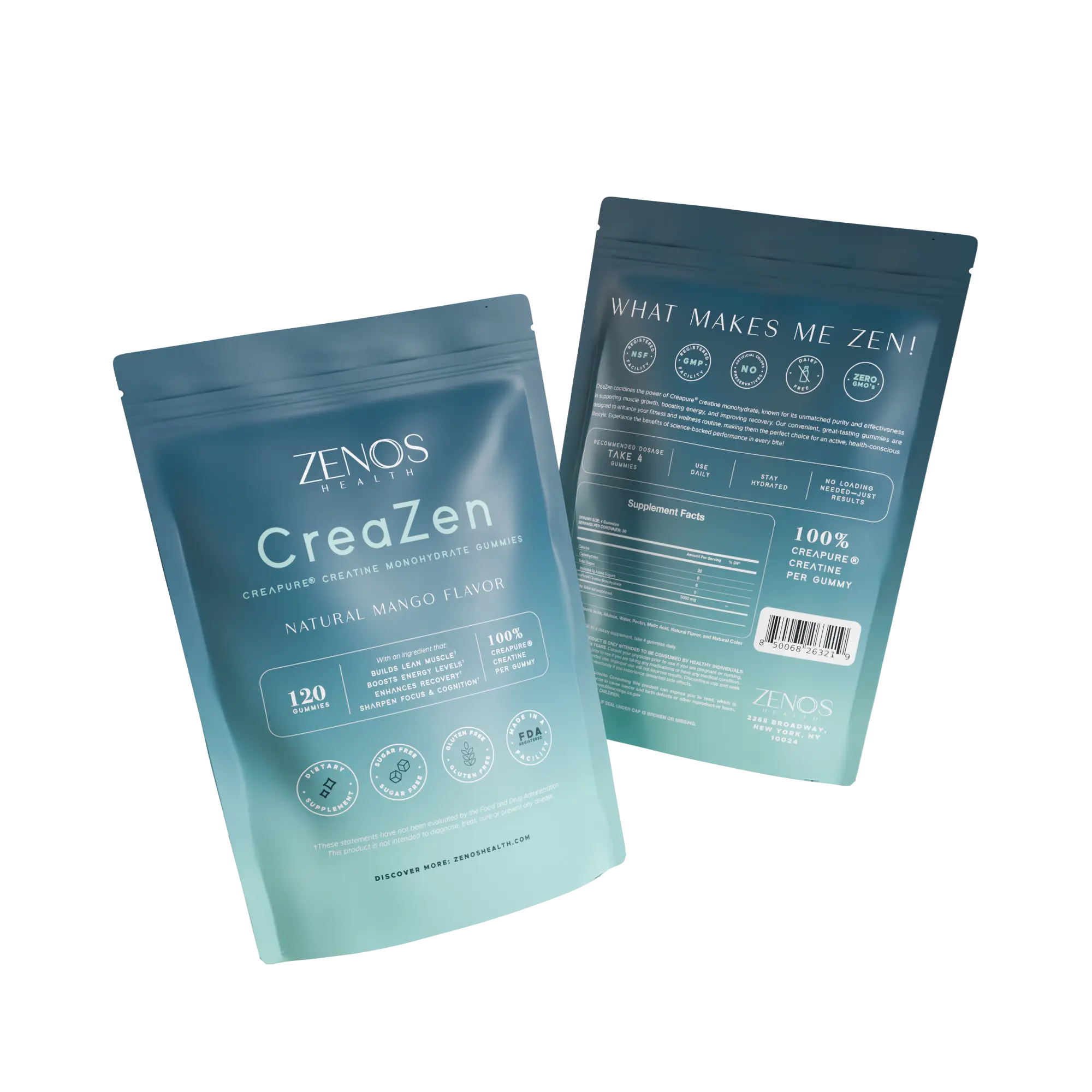 Zenos Health CreaZen Creatine Monohydrate Gummies 5000mg for Men Natural Mango Flavor 120 Count US Healthcare Optimum Premium Gummy Form