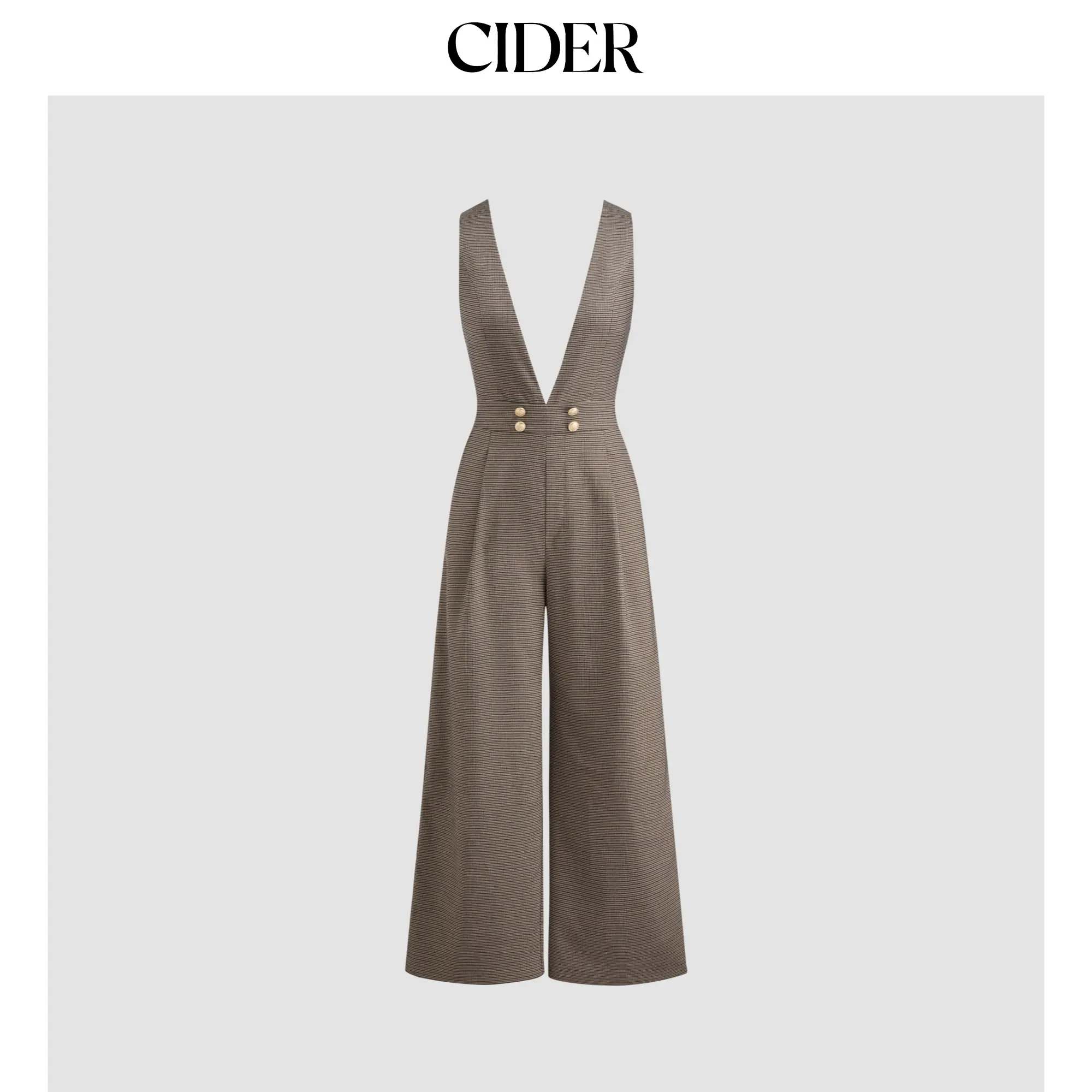 Cider Women's Houndstooth V-Neck Flared Leg Jumpsuit - Casual Overalls with Front Zipper and Zipper Pockets, Zipper Pocket