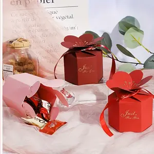 Valentine's Day Creative Petal wedding box, European-style wedding table gift box, personalized hexagonal petal candy box wedding return gift box with ribbon, perfect Valentine's Day gift packaging bag (20-piece set