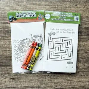 Monster Trucks Sticker Kits - Color Your Own 6 Adorable Stickers & 4 Crayons for Kids, Birthday Party Favors, Classroom Gifts, Kids Crafts, Art Activity Kits for Kids