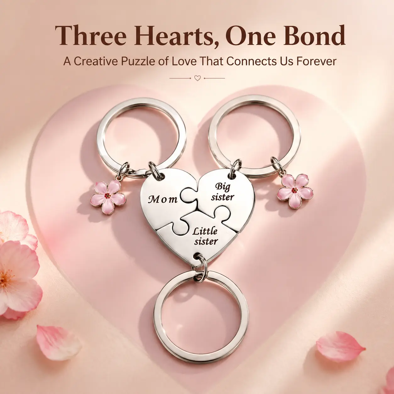 3Pcs Mom Big Sister Little Sister Heart Puzzle Keychain Set, Pink Flower Charm Matching Key Rings, Meaningful Family Gift for Mother’s Day Birthday Christmas
