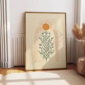 Boho Sun And Plant Print, Minimalist Celestial Wall Art, Vintage Arc Botanical Poster, Earth Tone Nature Decor, Mystic Sun Art Print