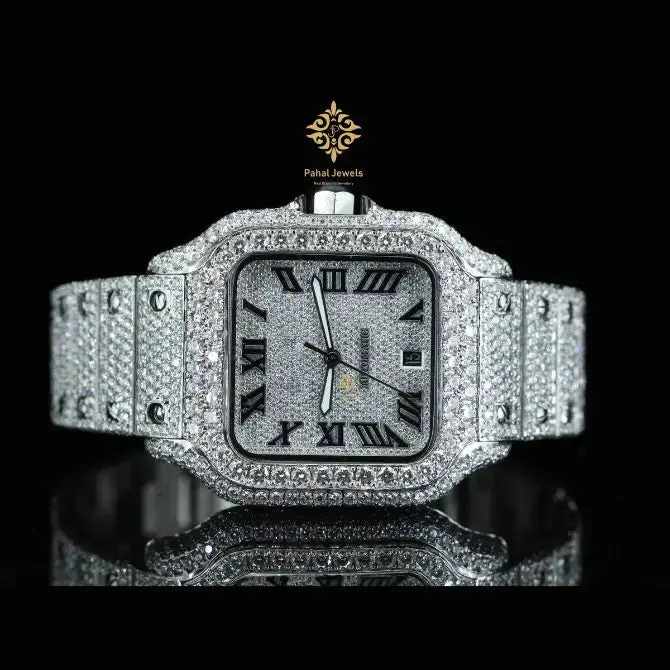 Moissanite Watch for Men Stainless Steel Square Dial
