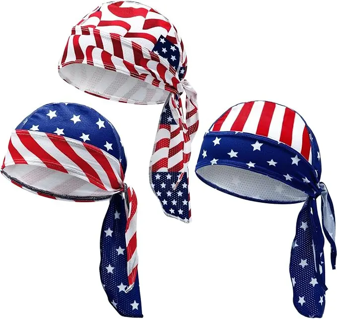 3 Pack American Flag Mesh Durag Skull Caps, Breathable Sweat Wicking Helmet Liner, Patriotic Pirate Head Wrap Bandana for Cycling Motorcycle Outdoor Sports