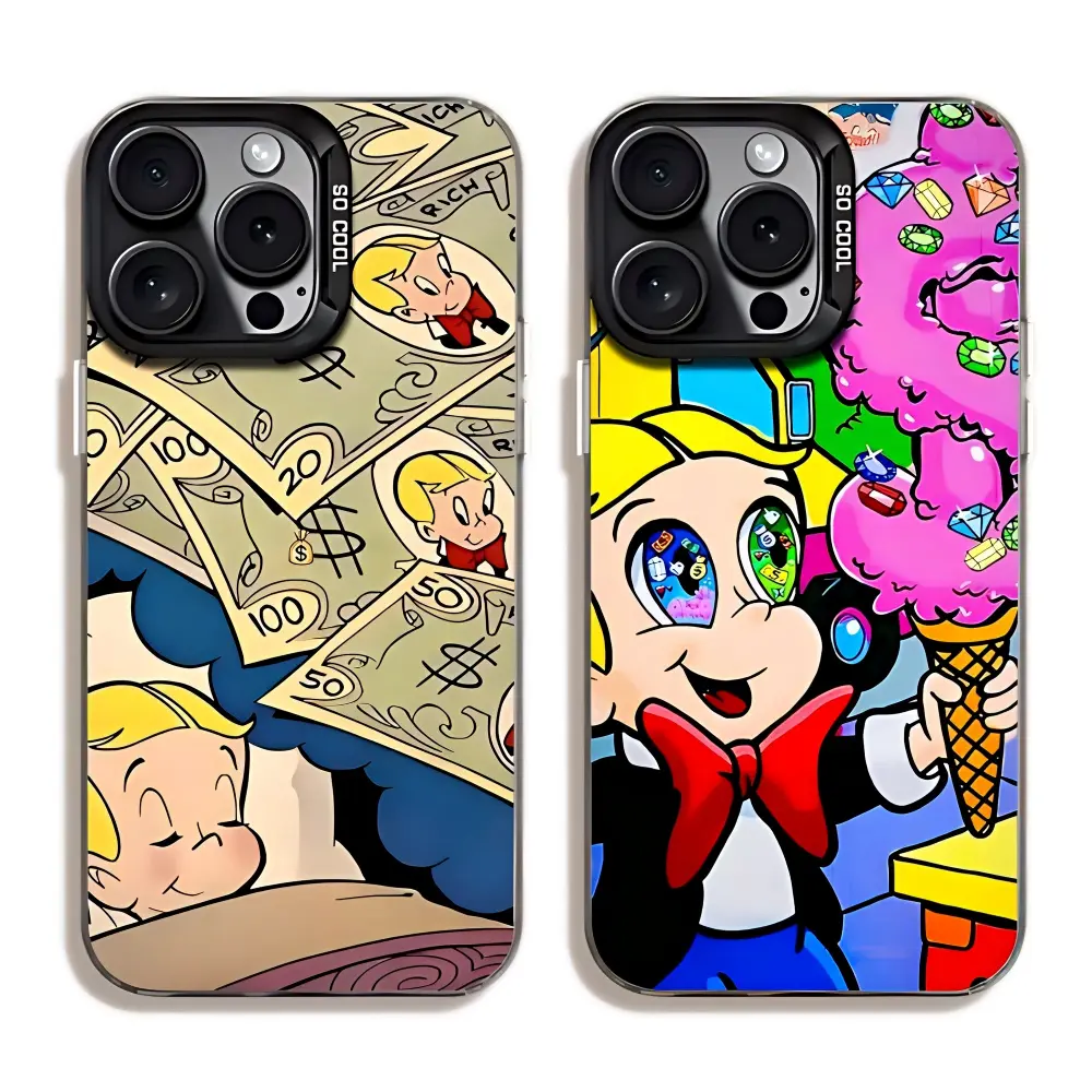 Cartoon Richie Rich Dollar & Alec Monopoly Man Smartphone Cases for iPhone 17 Pro Max, Pro, Air, 16 Plus, 15, 14, 13, 12 – Handheld Cellphone Protection for Devices, Anti-Fall Black Matte Shockproof Dustproof Cover Shells, Birthday/Christmas Gift