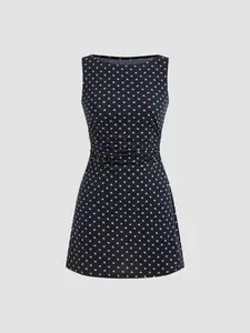 Boat Neck Polka Dot Ruched Mini Dress
