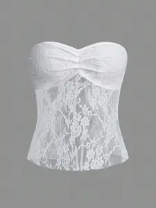 Women's Contrast Lace Sheer Tie Back Backless Sleeveless Tube Top, Lady Fashionable Strapless Top for Summer, Women's Tops for Daily Wear, Womenswear