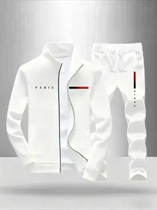 Men's Paris Letter Print Zip-Up Tracksuit | Casual White Jacket & Sweatpants Set